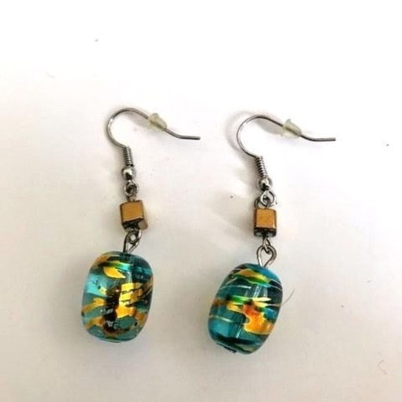 Aqua Glass Earrings Gold Color Swirls Dangle Hooks - Picture 1 of 1